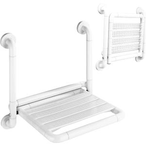 16-Inch Wall Mounted Shower Seats with Armrests, Space-Saving Foldable Shower Bench for Small Bathrooms, Safety Wall-Mounted Foldable Shower Chair with Reflective Strips, Holds up to 330 lbs