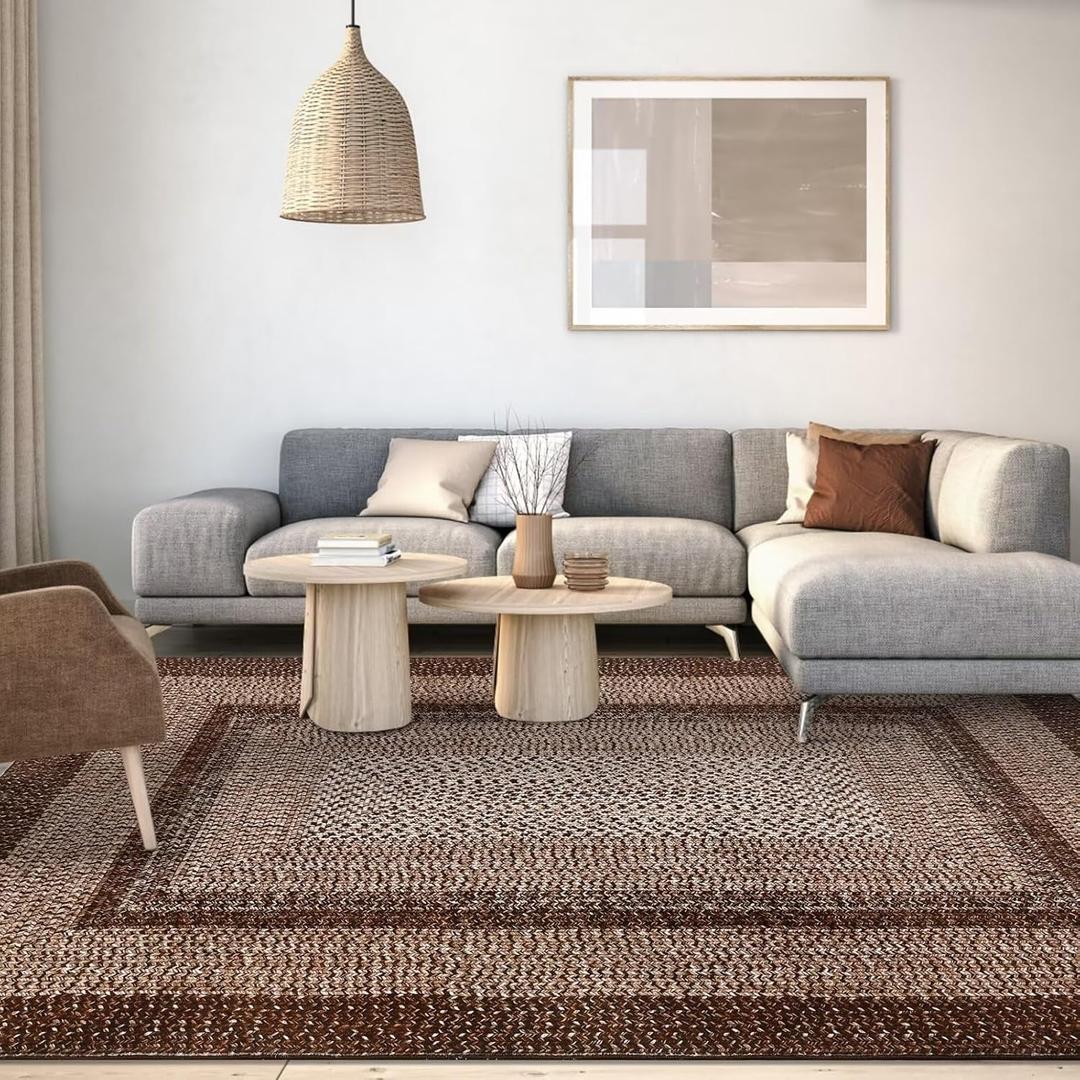 WESTLOOM Rugs for Living Room 8x10 Washable Rug Modern Braided Printed Rugs Large Bedroom Rug Boho Country Farmhouse Rug Non Slip Low Pile Indoor Nursery Home Office Floor Cover Accent Rug Brown