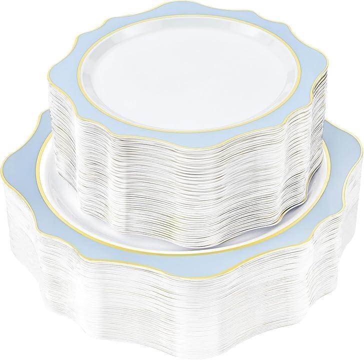 Realluck 100 PCS White and Blue Disposable Plates for 50 Guests, Scalloped Plastic Plates Include 50 Dinner Plates and 50 Dessert Plates for Party, Wedding and Graduation