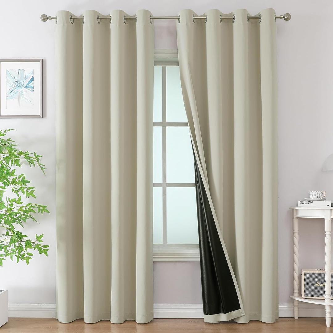 Estelar Textiler Cream 100% Blackout Curtains 72 Inches Long for Living Room,Thermal Insulated Energy Saving Curtains for Bedroom,Full Light Blocking Grommet Drapes with Black Liner,52Wx72L,2 Panels