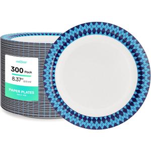 8.37 inch Disposable Paper Plates, 300 Count Dinner Paper Plates, Soak-Proof Disposable Plates, Cut-Proof Heavy Duty Paper Plates for Everyday Use, Navy Diamond Pattern Rim Design