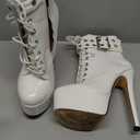 Aachcol Womens Stiletto High Heel Platform Ankle Boots Round Toe Lace-up Zipper Mid Calf Buckle Patent Leather Dress Booties (6, White)