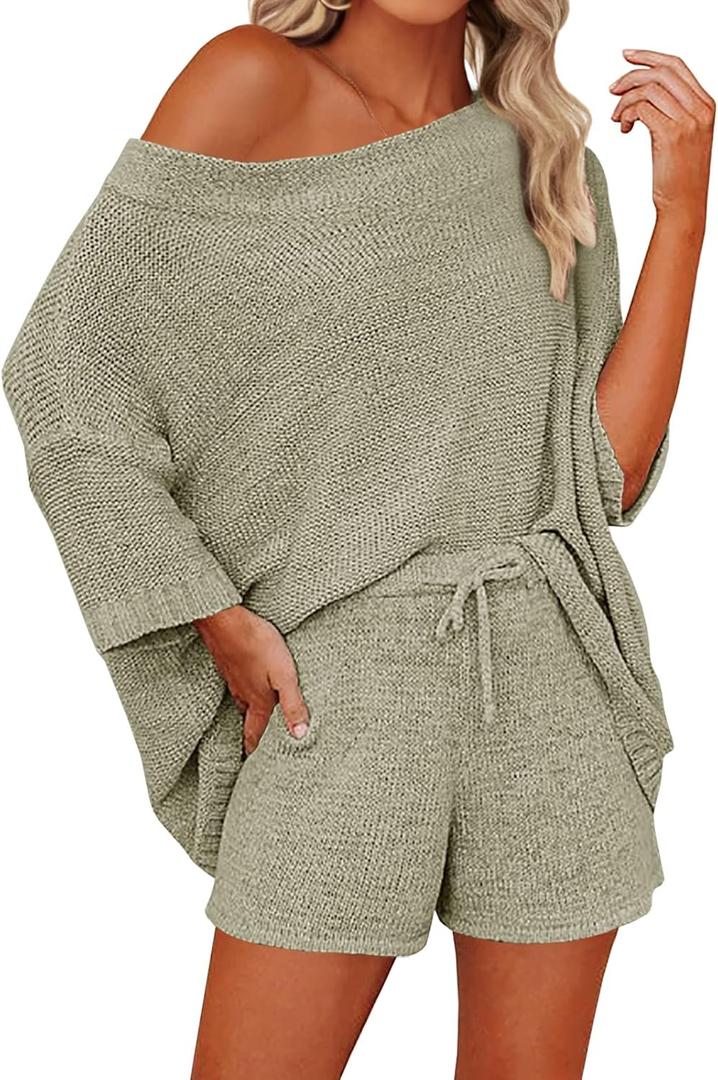 Mafulus Women's 2 Piece Outfits Sweater Sets Off Shoulder Knit Top Shorts Matching Suits Cute Pajama Lounge Set (Large, Green)