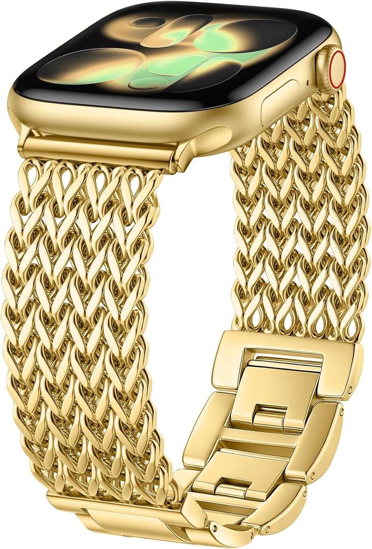 Metal Band Compatible with Apple Watch Bands for Women, Dressy Stainless Steel Link Bracelet, Designer Strap for iWatch Series Gold, 38mm/40mm/41mm/(42mm-Series 11 10)
