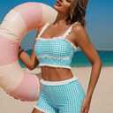 ZAFUL Womens High Waisted Bikini Sets 2 Piece Plaid Ruffle Swimsuits Back Strap Top with High Waisted Shorts Bathing Suit (Blue, M)