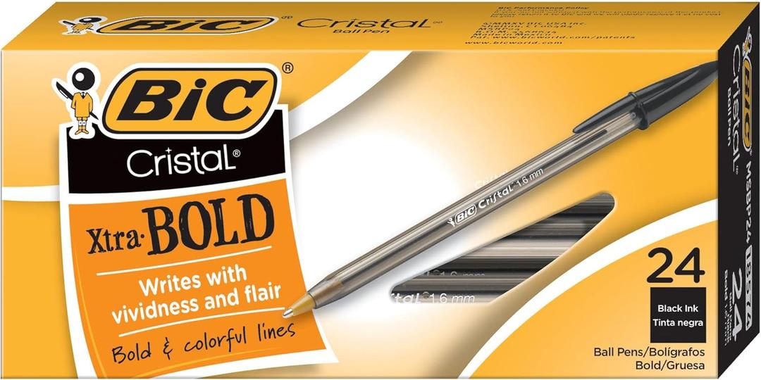 BIC Cristal Xtra Bold Ballpoint Pens, Bold Point (1.6mm) For Vivid And Dramatic Lines, Black Ink, 24-Count Pack, Perfect Ink Pens