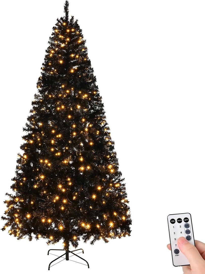 Karl home 7FT Prelit Black Artificial Christmas Tree with 400 Warm Lights, Remove Contral 8 Light Modes, 1250 PVC Branch Full Christmas Tree for Home, Office, Party Holiday, Foldable Base