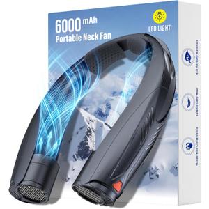 Portable Neck Fan with Reading Light, 6000mAh USB-C Rechargeable Hands Free Fan, 6-Speed Wearable Fan, 360 Cooling Summer Gifts for Men Women, Travel, Camping, Outdoor Work - Black, Medium
