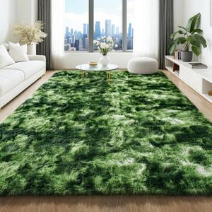 4x6 Green Area Rugs for Living Room, Tie-Dyed Forest Moss Green Ultra Soft Fluffy Washable Non-Slip Rug, Plush Shaggy Modern Indoor Carpet for Kids Girls Boys Dorms Nursery Bedroom Home Decor