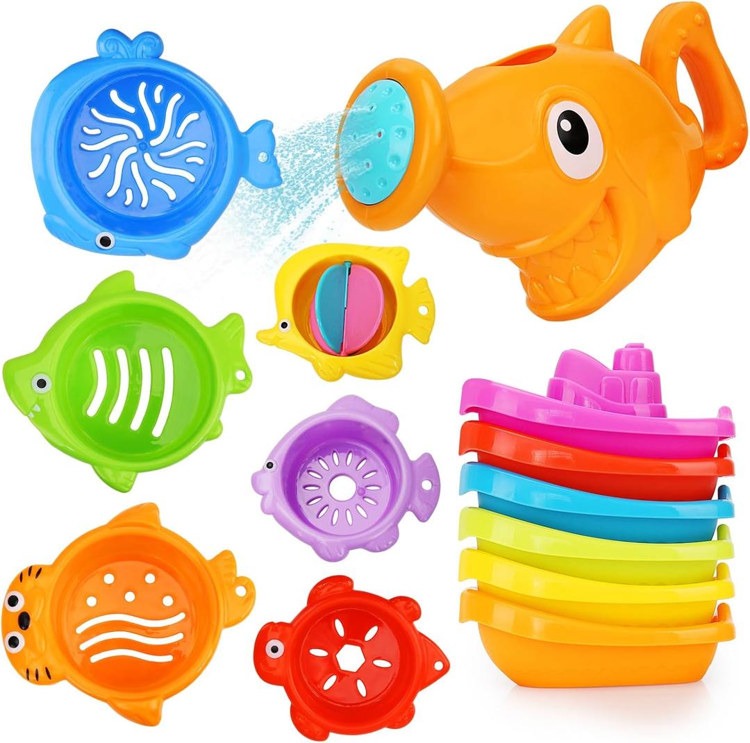 Baby Bath Toys for Kids Ages 1-3,13 Pcs Bathtub Toys for Babies 6-12-18 Months, Mold Free Bath Toys Toddlers 2-4 Years Old,Stacking Cups & Watering Can,Water Table Toys for Infants Boys Girls 1-4 Years old 