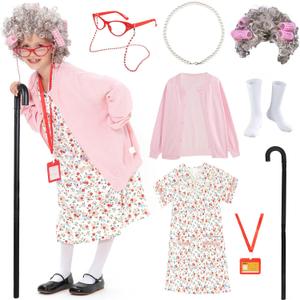 FAYBOX 9 pcs Old Lady Costume for Kids,100 Days of School Costume Old Lady Wig for Girls, Granny Grandma Dress Up (5-7 yr, Pink)