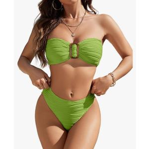 Blooming Jelly Womens Bandeau Bikini Sets Sexy Strapless Two Piece Swimsuit Cheeky High Cut Cute Ribbed Ladies Bathing Suit,L