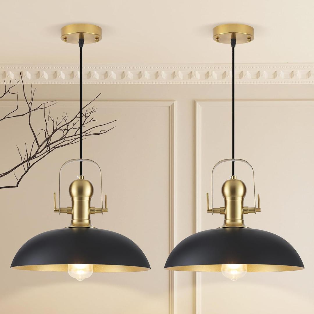 Black and Gold Pendant Lights 2 Pack, 13.8 Inch Black Farmhouse Pendant Light, Industrial Pendant Light Kitchen Island, Island Pendant Lights for Kitchen Barn Hallway Porch Dining Room