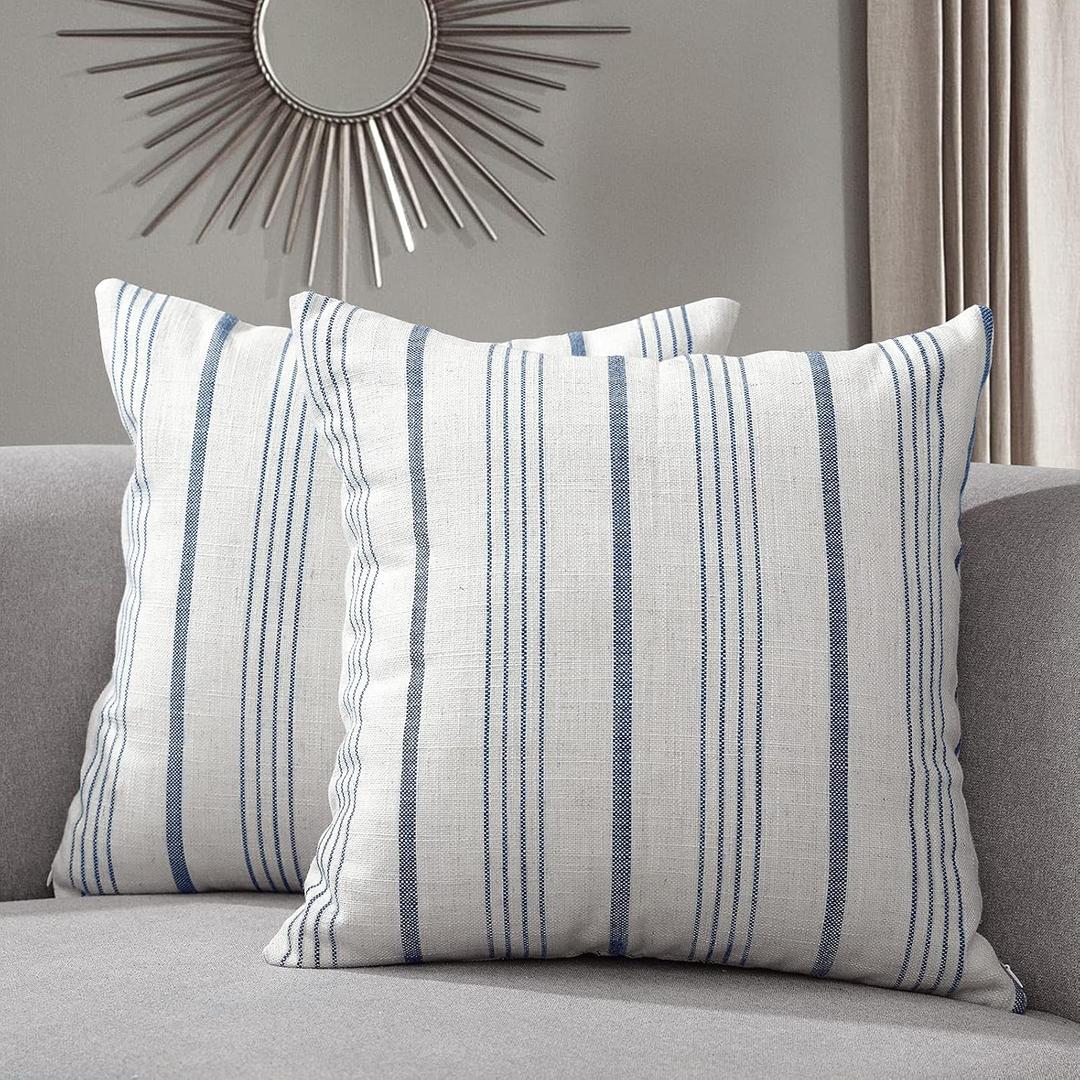 Sunlit Decorative Farmhouse Throw Pillow Case, Set of 2 Cream/Off-White with Blue Stripes Modern Accent Square 18" x 18", Textured Linen Throw Pillow Cover for Sofa Couch Chair Bedroom