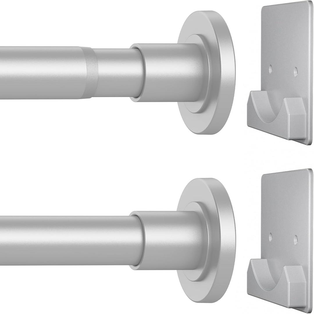 CorkLatta Matte Silver Shower Curtain Rod,1 Inch Diameter Stainless Steel Adjustable Spring Tension Rods 32 to 80",with Holders,Anti-Slip,Curtain Rods No Drilling(1 Pack)