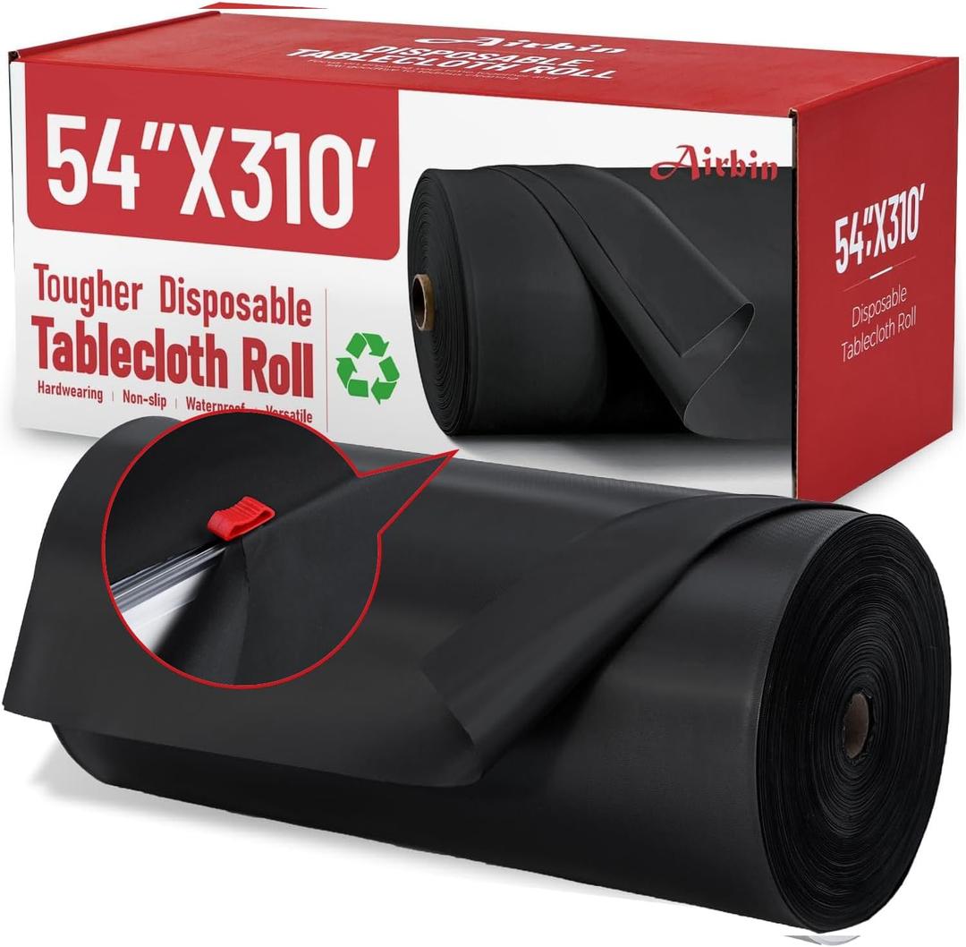 Plastic Tablecloth Roll, 310 Ft x 54 In Plastic Table Cloth Disposable Black Tablecloth Roll Premium PEVA Waterproof Black Table Cover Rolls with Cutter for Banquets, Festivals, Parties, Birthdays