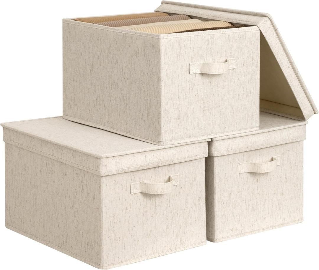 StorageWorks Fabric Storage Bins with Lids, Decorative Storage Bins with Soft Handles, Foldable Storage Baskets for Closet, Shelves, Stackable and Sturdy Organization, Beige, Jumbo, 3-Pack