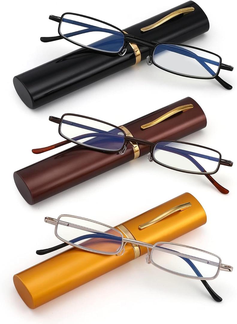 SOPHILY 3 Pack Slim Pocket Reading Glasses for Men Women Blue Light Blocking Compact Readers Spring Hinge Metal Frame, Yellow Black Grey Eyeglasses with Portable Pen Clip Tube Case, 1.25 