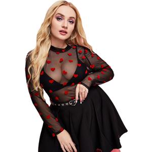 WDIRARA Women's Plus Size Floral Print Sheer Mesh Top Round Neck Long Sleeve Blouse (XX-Large Plus, Black Lip)