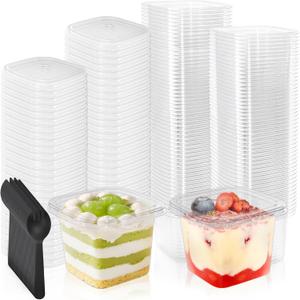100 Pack 13 oz Square Plastic Dessert Cups, Clear Parfait Cups with Lids Spoons, Disposable Appetizer Tiramisu Container for Pudding, Fruit, Mousse, Shortcake, Yogurt