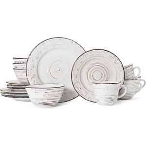 Pfaltzgraff Trellis White 16-Piece Stoneware Dinnerware Set, Service for 4, Distressed White Finish, Microwave & Dishwasher Safe Plates and Bowls