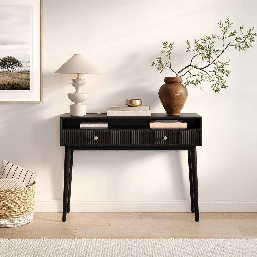 Fluted Console Table with Swing Doors - Small Entry Desk for Narrow Spaces - Living Room Furniture - Solid Wood Entryway Table with Brass Knobs (Black)