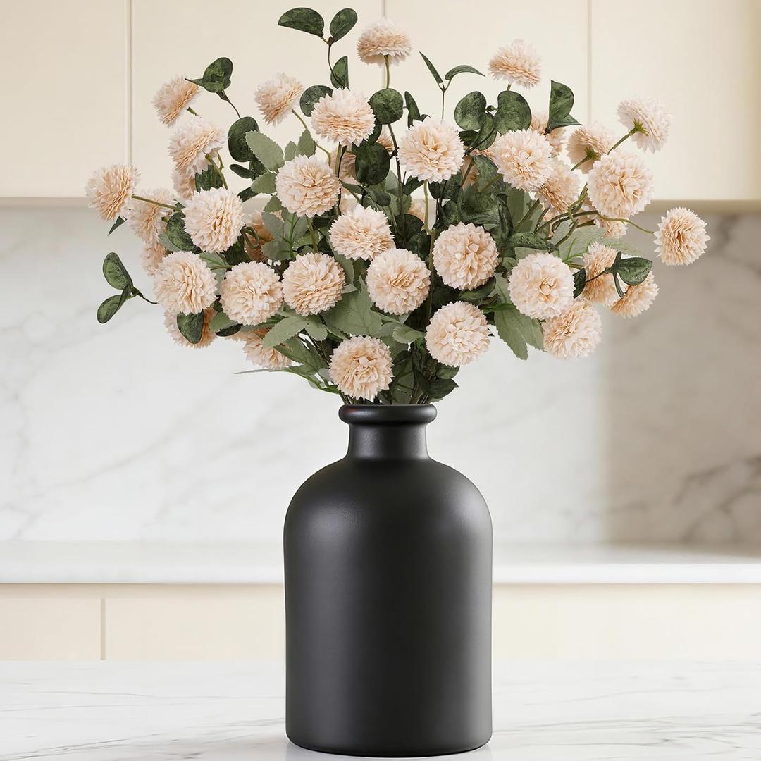 Lifewit Beige Artificial Flower for Vase, 10 Pcs Faux Silk Mums Ball with Long Stems and 2 Pcs Eucalyptus Stems for Home Decor, Fake Small Kiku for Floral Arrangement, Pom Pom for Centerpieces