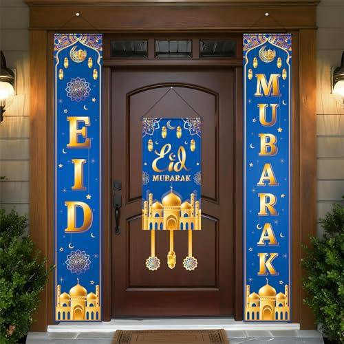 Eid Mubarak Porch Banner, 3Pcs Eid Door Sign Decorations for Home, Blue and Gold Muslim Ramadan Banners for Front Door, Indoor & Outdoor Decor