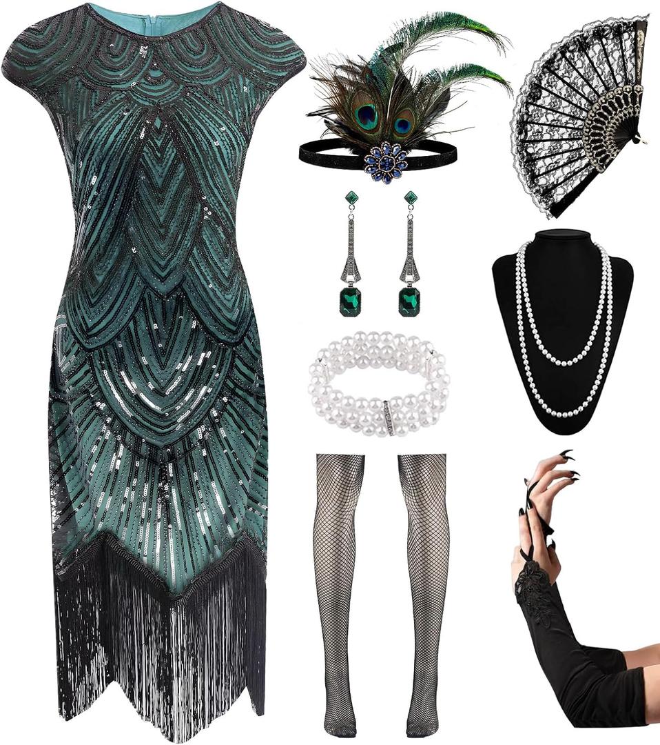 Women's Flapper Dresses 1920s Sequin Fringe Beaded Cocktail Crew Neck Dress Roaring 20s Accessories Vintage Lace Fan Headband (Medium, Black Green)
