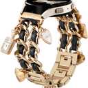 Stylish Metal Band Compatible with Samsung Galaxy Watch 7 Band/FE 6 5 4 40mm 44mm,Galaxy Active 2, 20mm Watch Strap Pretty Chain with Cute Decorative Charms Accessories for Samsung Watch Bands Women (GoldBlack Band/PerfumeBag)