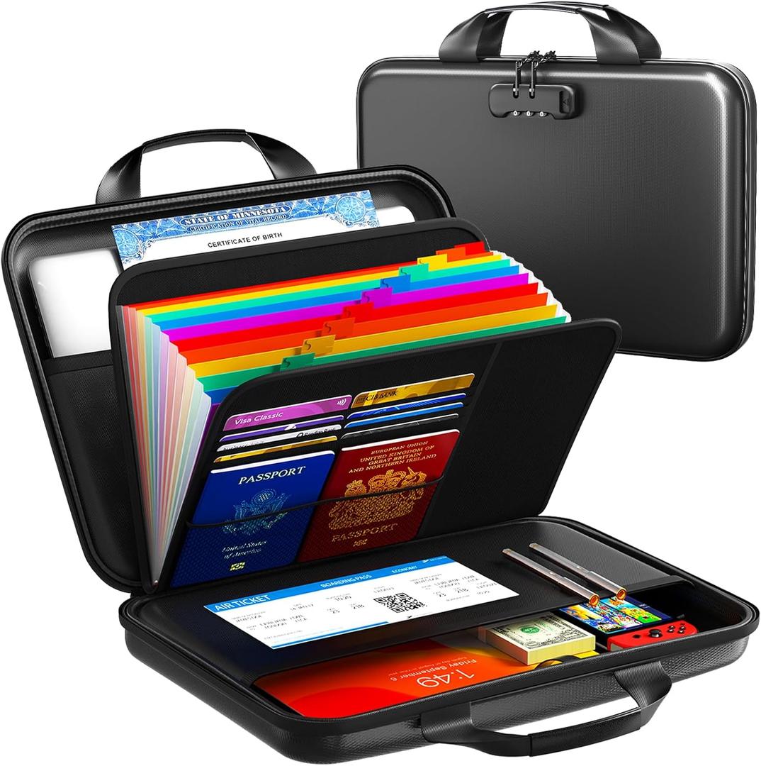 Fireproof Accordion File Organizer with Lock,Hard-Shell Fireproof Document Box with 13 Pockets for Certificates, Passports Laptop Important Documents Portable Home Office Travel Safe Storage (Black)