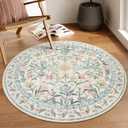 Lahome Sylvie Round Boho Floral Rugs 4ft, Cream Washable Circle Rugs for Bedroom Nursery, Vintage Beige Circular Carpet, Soft Non-Slip Carpet for Kids Room Playroom Calm Corner, Beige