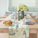 Summer Scallops Starfish Coral Coastal Table Runner, Retro Ocean Beach Sea Animals Theme, Nautical, Green, Linen, 13x90IN