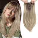 Megito Clip in Synthetic Hair Topper with Bangs for Women, 18inch Hair Topper Long Layered 6.5"X6.5" Big Base Toppers Hairpieces for Women with Thinning Hair Ombre Mix Blonde Color