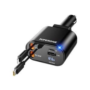 Upgraded] SUPERONE Retractable Car Charger 4 in 1, Fast Car Phone Charger with Cord 2.6ft, USB C and Apple Car Adapter, Compatible with iPhone 17 16 15/15 Pro Max/14/13/12/11, Galaxy, Pixel