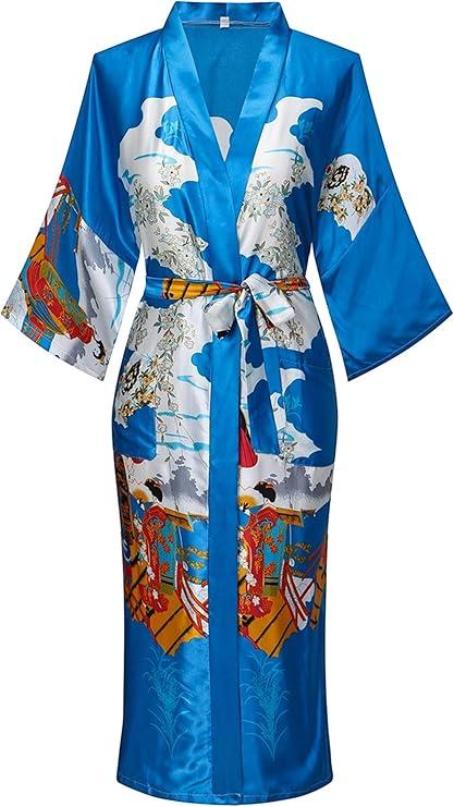 VIKEY Women's Floral Satin Kimono Robe Long Silky Robes Sleepwear for Bride Bridesmaid Wedding Party Nightgown, S