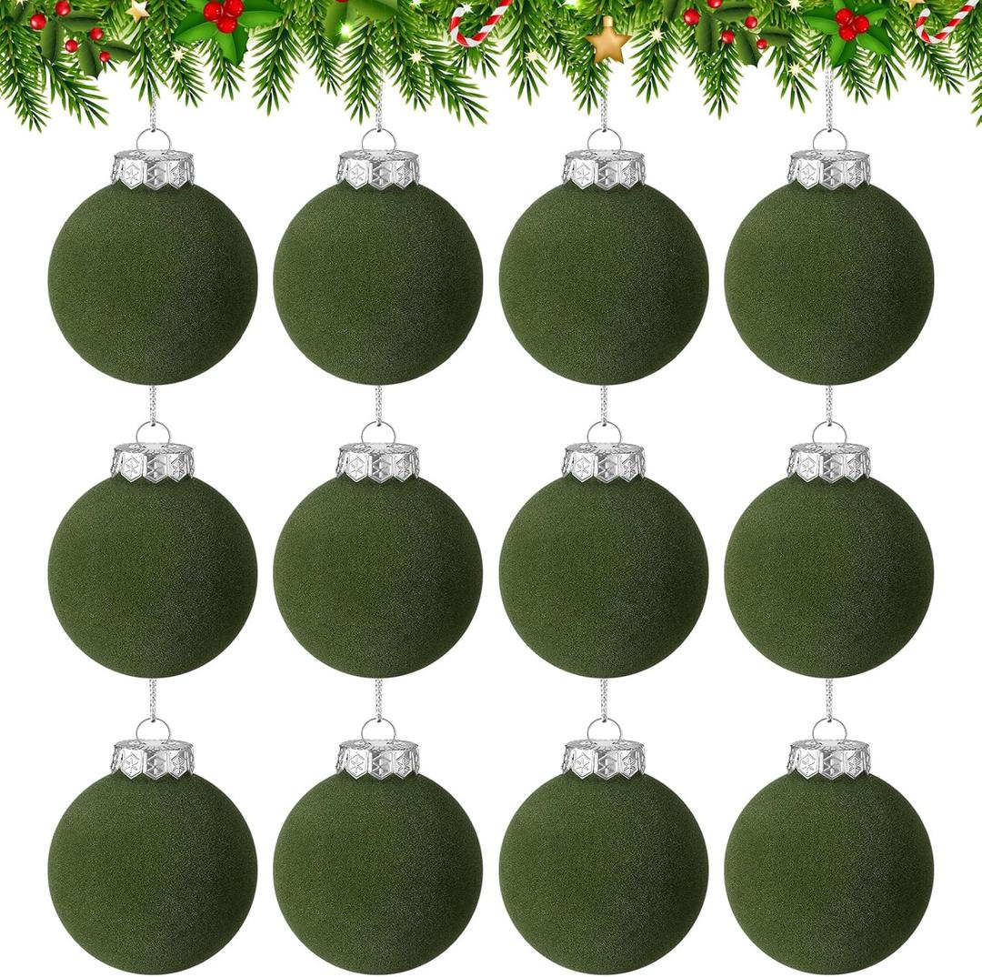 12 PCS Green Velvet Christmas Balls Ornaments - 2.4 Inch Flocked Hanging Balls for Xmas Decorative Party Wedding Family Gathering