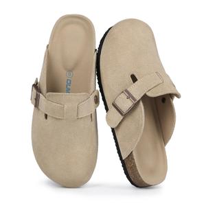 Dumalum Clogs for Women Mens Suede Leather Slip on Shoes Cork Footbed Mules Sandals with Arch Support Unisex Slippers Khaki