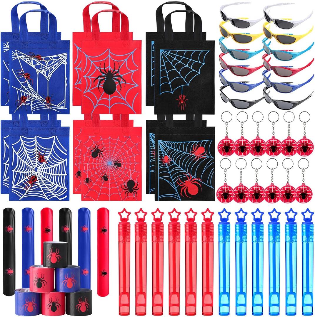 Foilswirl 60 Pcs Spider Party Favors Include Spider Sunglasses, Web Gift Tote Bags, Slap Wristbands, Silicone Keychains, and Blue Red Star Bubble Wands for Birthday Comic Hero Party Decoration