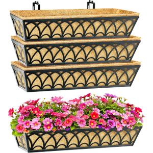 30 Inch Railing Planter Box Window Boxes Planters - 4 Pack Deck Railing Planter Boxes with Adjustable Brackets Coco Liners Balcony Planters Railing Hanging for Window Flower Boxes Outdoor Garden Decor