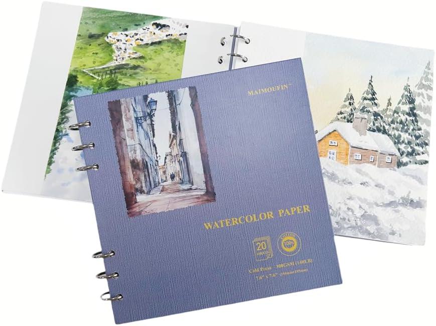 MAIMOUFIN Watercolor Journal,100% Cotton Watercolor Paper, 7.6" x 7.6",20 Sheets140LB/300GSM Cold Press, Hardcover Loose-Leaf Thick Watercolor Sketchbook for Artists, Art Lovers (Cold Press)