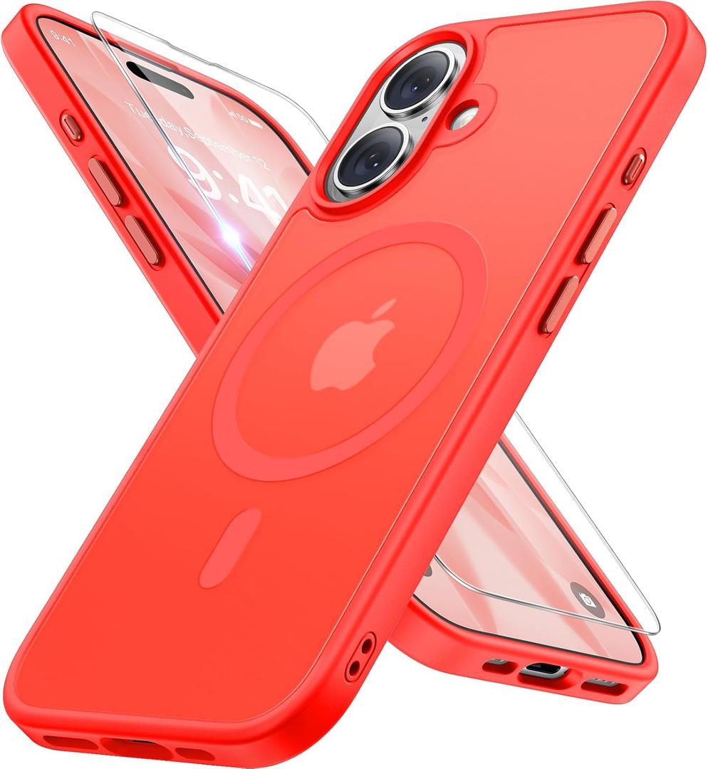 Miracase Magnetic for iPhone 17 Case (Compatible with MagSafe) with Screen Protector Military-Grade Protection, Anti-Fingerprint Translucent Matte Phone Cover for iPhone 17 6.3 inch, Red