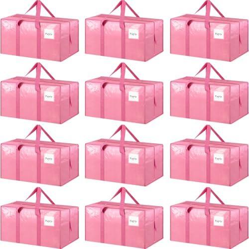 12 Pack Extra Heavy Duty Large Moving Bags with Strong Zipper & Comfortable Handles, Sturdy & Durable Clothes Storage Bags Totes Bins, Packing Moving Boxes for College Supplies, Pink