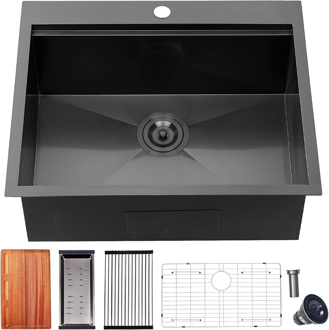 25 Inch Black kitchen Sink Drop in - 25"x22" Topmount Ledge Workstation Kitchen Sinks 16 Gauge Handmade Stainless Steel Single Bowl Sink with All Accessories for Kitchen Laundry Utility