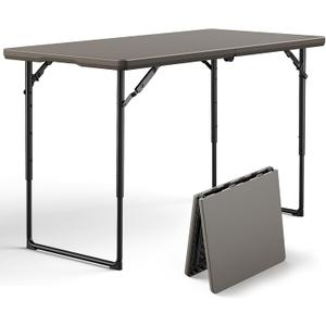 Folding Table, 4FT Foldable Picnic Table with Adjustable Height, Heavy Duty Fold-in-Half Portable Table for Weddings, Camping, RV Travel, Parties, BBQs, and Indoor Use, Easy to Fold and Store, Khaki