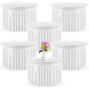 Preboun 6 Pack Spandex Round Tablecloths - 5 Ft/ 60 Inch Wrinkle Free Stretchy Table Clothes with Skirt for Party Wedding Home Decoration Banquet (White)