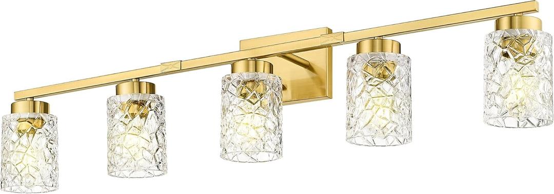 Emliviar 5Light Brushed Gold Vanity Light with Clear Geometric Glass, 5 Bulb Wall Light Fixture Over Mirror 40 Inch, HE294B5W BG