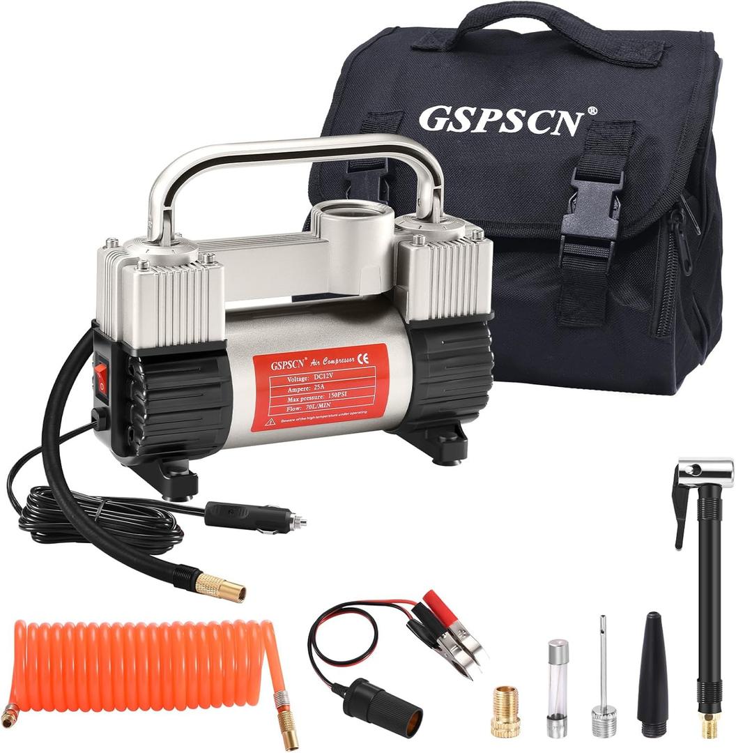 GSPSCN 6X Faster Inflation Tire Inflator Heavy Duty Double Cylinders with Portable Bag- Car AccessoriesMetal 12V Air Compressor Pump 150PSI with Adapter for Car, Truck, SUV Tires, Dinghy, Air Bed (Silver)