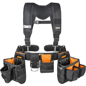 Professional 7-Piece Tool Belt with Suspender 1680D Fabric Carpenter Electrician Tool Pouch with Soft Padded Suspender for MenHeavy Duty Construction, 35 Pockets36"-50"