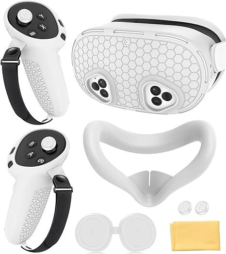 Silicone Cover Set Compatible with Meta Quest 3S Accessories, VR Protector Face Cover, Controller Grips, Front Shell Headset Cover and Lens Protective Cover, Not Fit Quest 3 (White)